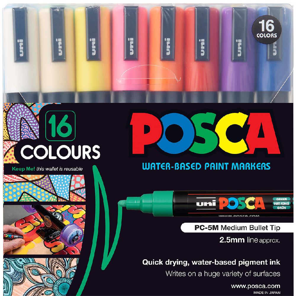 Front of the reusable Posca PC-5M wallet of 16, with paint marker caps visible through the clear top panel and black packaging printed with the POSCA logo, 16 Colours, Water Based Paint Markers and PC-5M Medium Bullet Tip 2.5mm.