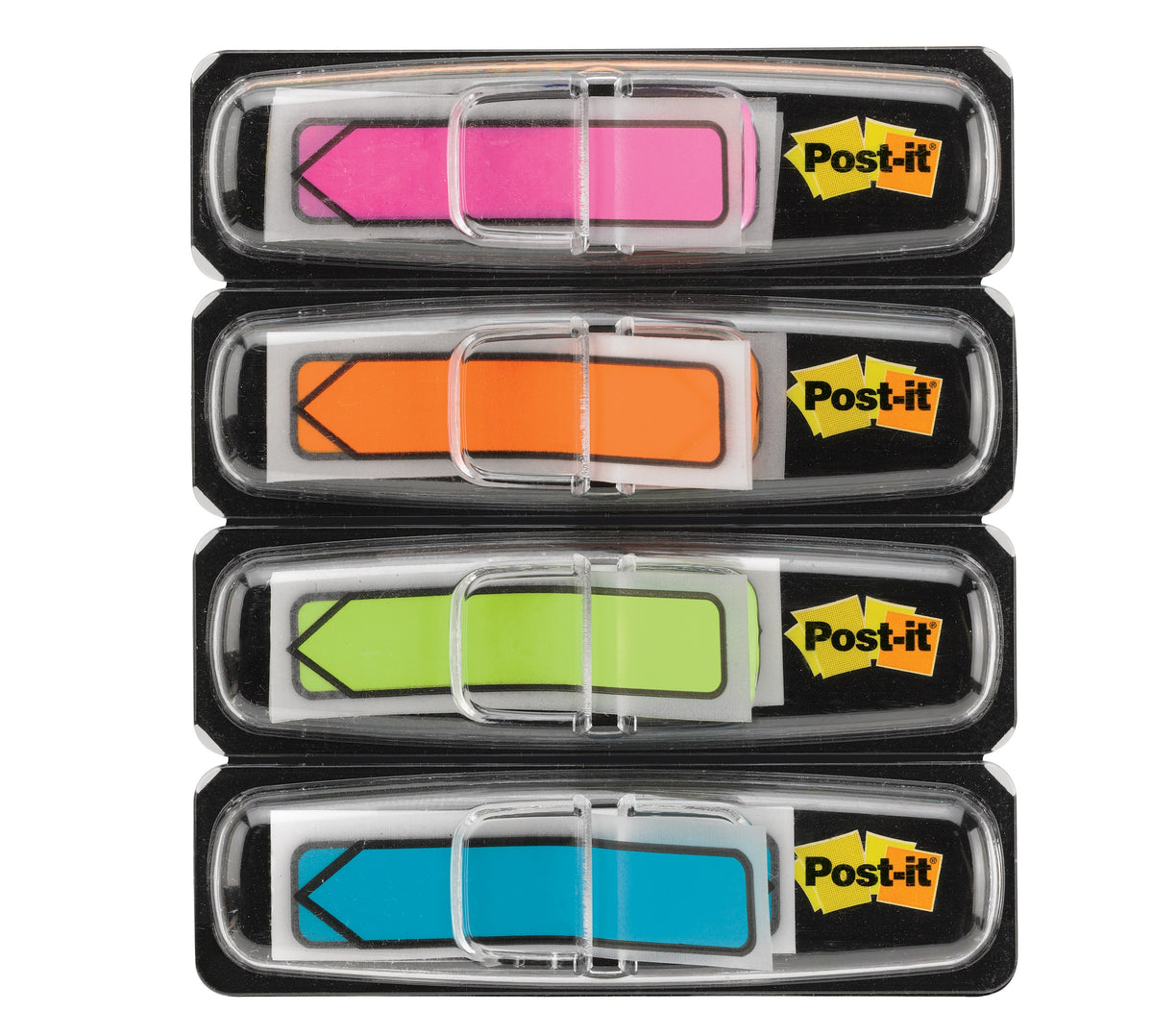 Four Post-it arrow flag dispensers out of the card, pink, orange, green and blue arrows pointing left