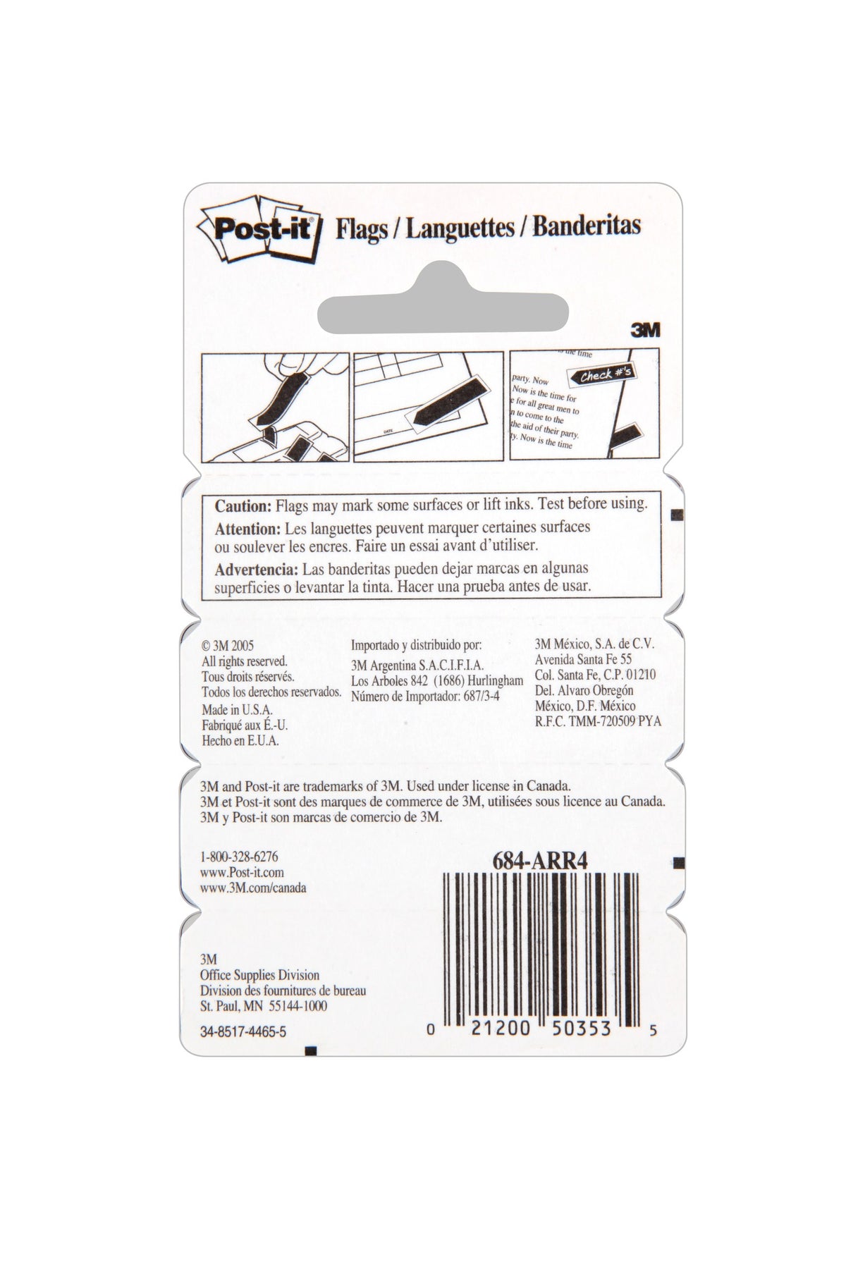 Back of the Post-it 684-ARR4 card with usage drawings, a caution that flags may mark some surfaces or lift inks, and the barcode