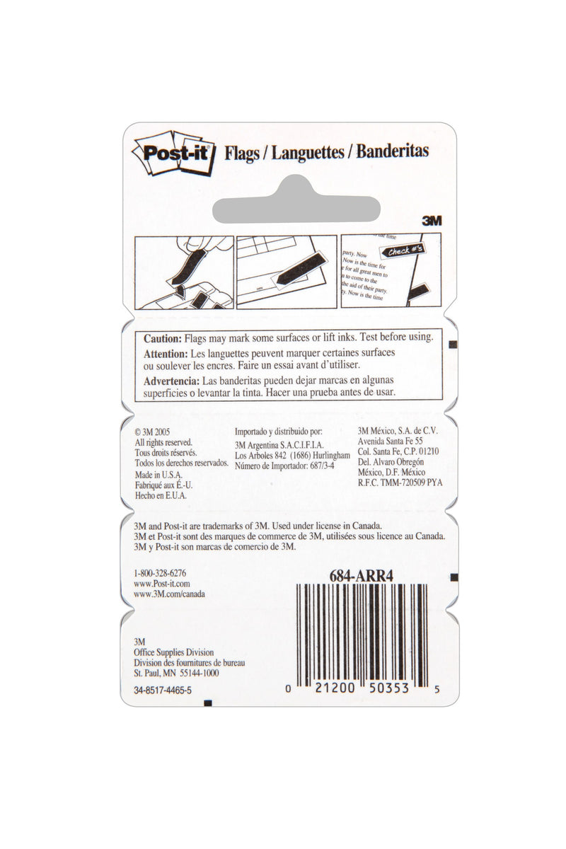 Back of the Post-it 684-ARR4 card with usage drawings, a caution that flags may mark some surfaces or lift inks, and the barcode