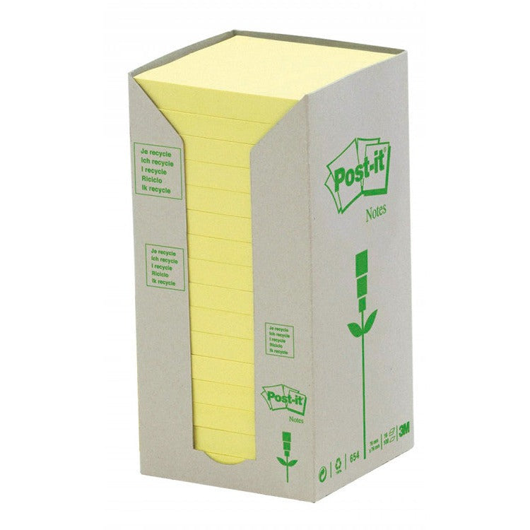 Close view of the open-front Post-it tower carton showing the column of canary yellow pads stacked inside