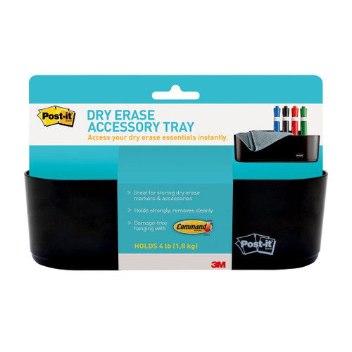 Post-it Dry Erase Accessory Tray DEFTRAY black 220 x 75 x 65mm wall-mounted marker storage tray with Command Strips for Post-it Dry Erase Surfaces and whiteboards