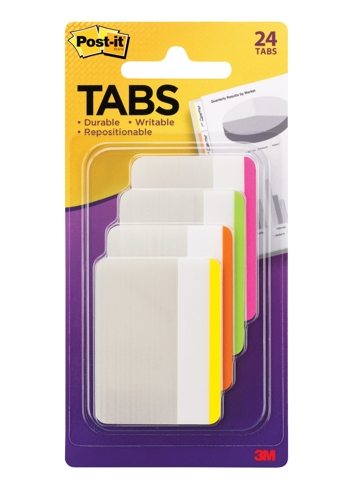 Post-it 686F-1BB Tabs pack showing 24 white tabs edged in pink, lime, orange and yellow, size printed as 2 x 1.5 inches