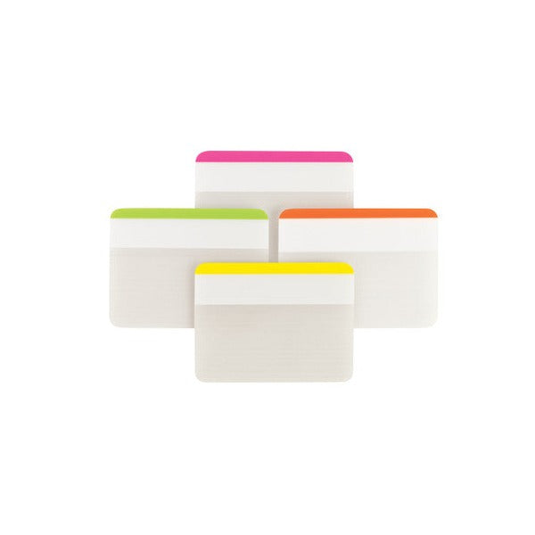 Four Post-it 686F-1BB tabs laid out flat, white with pink, lime, orange and yellow coloured edges