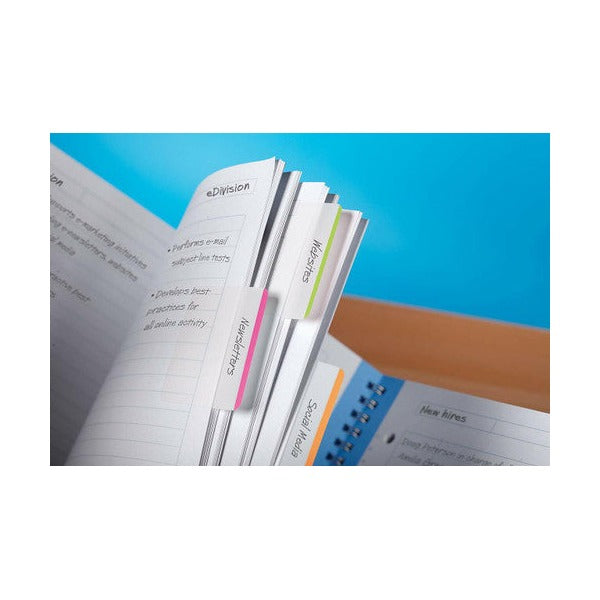 Binder pages tabbed with Post-it tabs labelled Newsletters, Websites and Social Media in pink, green and orange