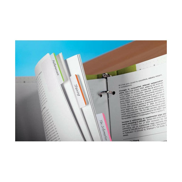 Ring binder with Post-it tabs labelled References, Training and Tax Information along the page edges