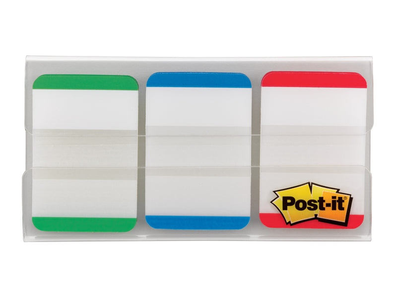 Front view of the clear Post-it dispenser loaded with green, blue and red edged tabs, Post-it logo on the red tab