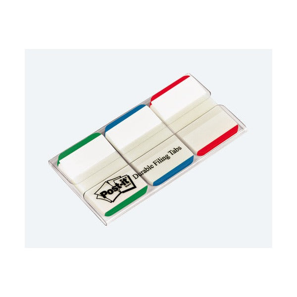Clear Post-it dispenser with green, blue and red edged tabs and the words Durable Filing Tabs, photographed on a grey surface
