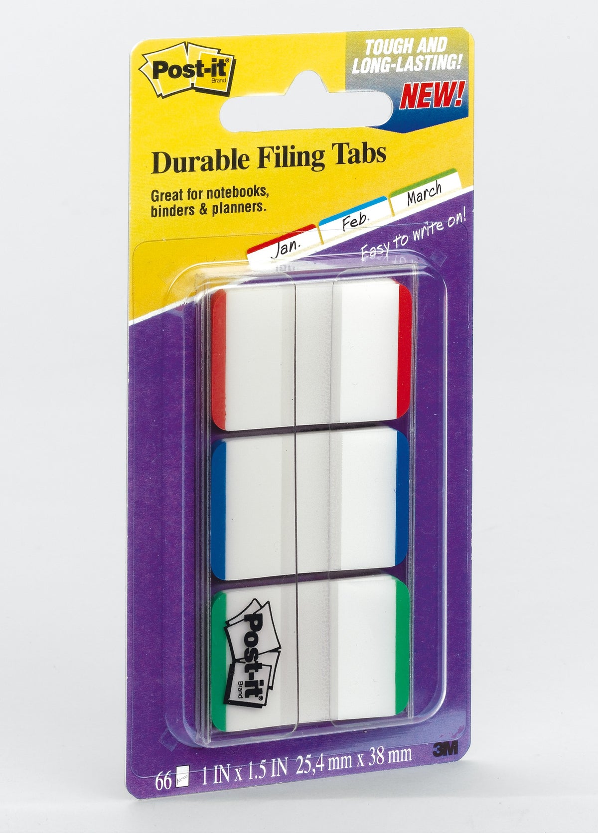 Earlier Post-it Durable Filing Tabs card for 686L-GBR with 66 tabs in red, blue and green and Jan, Feb, March sample tabs