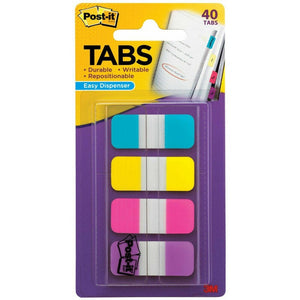 Post-it Tabs 676-AYPV blister marked 40 Tabs and Easy Dispenser, narrow aqua, yellow, pink and violet tabs stacked in the dispenser