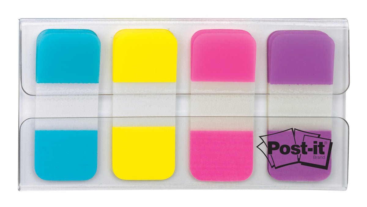 3M photo of the clear dispenser holding narrow aqua, yellow, pink and violet Post-it tabs side by side