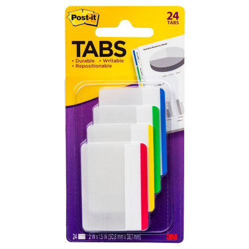 Post-it Durable Tabs 686F-1 red yellow green blue 50 x 38mm 24 tabs in 4 primary colours without dispenser for binder and folder colour-coded organisation