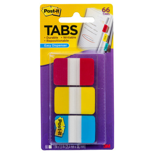Post-it Durable Tabs 686-RYB red yellow blue 25 x 38mm 66 writeable repositionable tabs with on-the-go dispenser in primary colours for planner and binder organisation