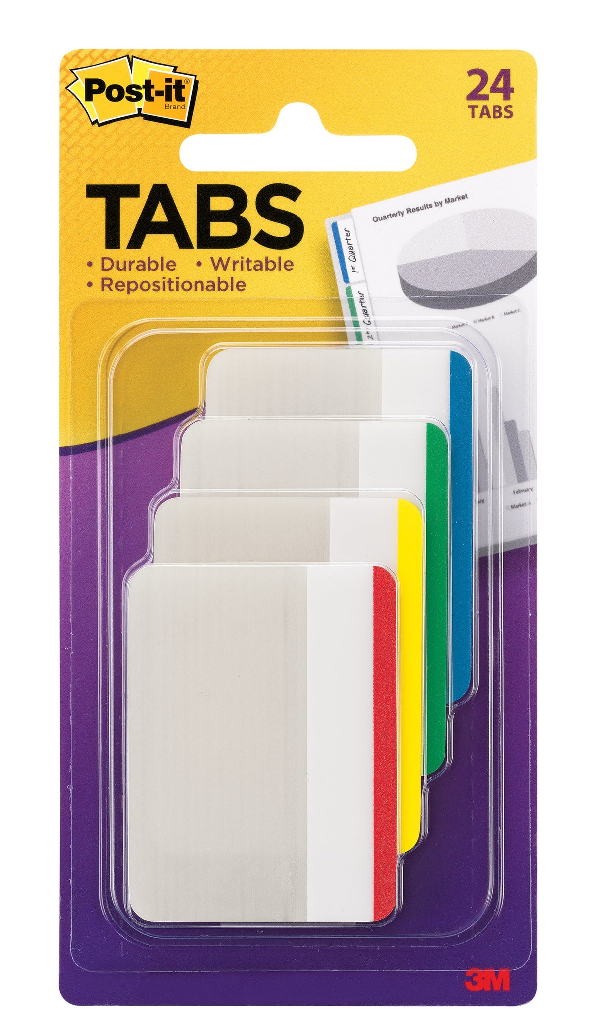 Post-it 686F-1 Tabs card with 24 white tabs edged in red, yellow, green and blue, printed 2 x 1.5 inches at the base