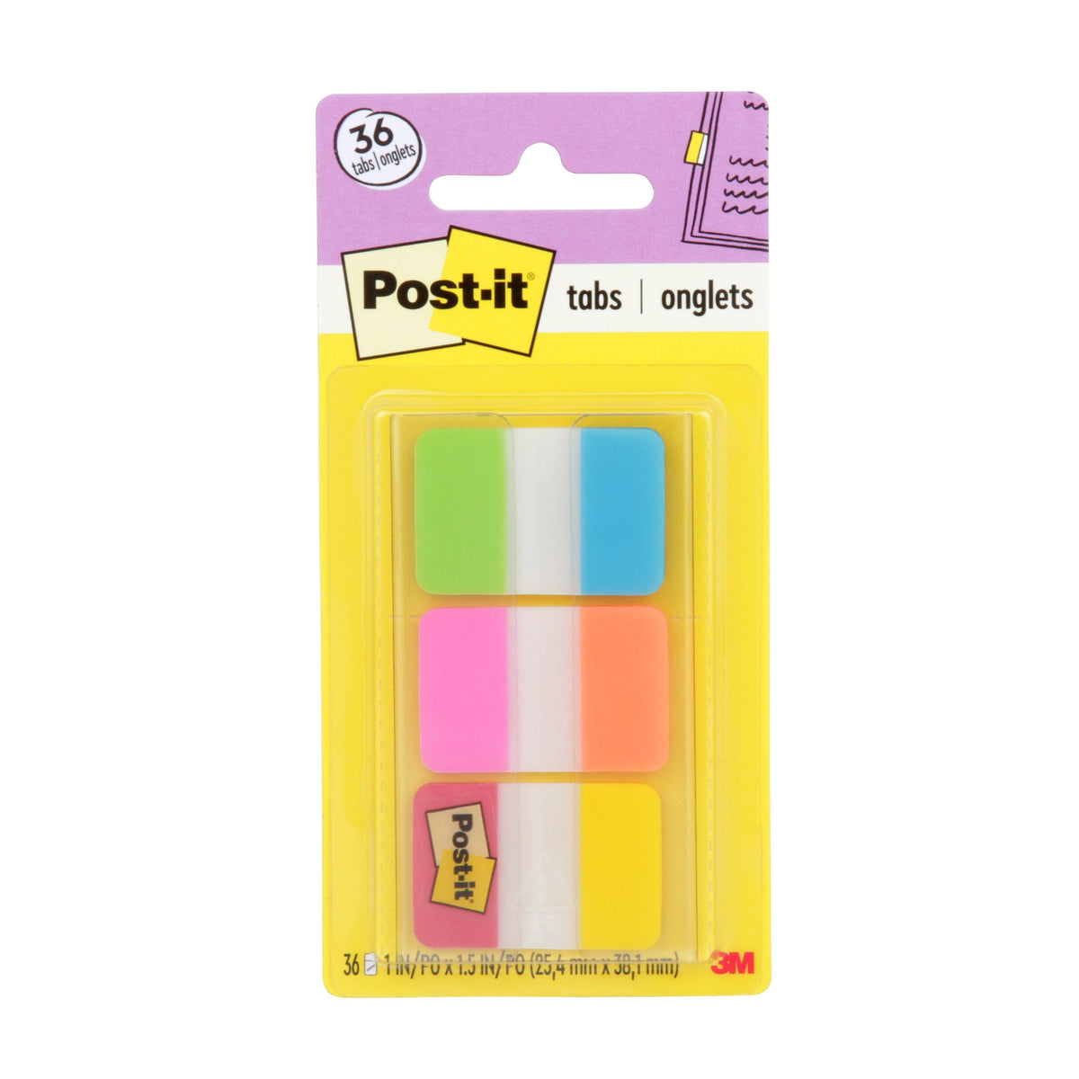 Current 3M blister of Post-it tabs 686-ALOPRYT with a 36 tabs roundel and lime, aqua, pink, orange, red and yellow tabs in a clear dispenser