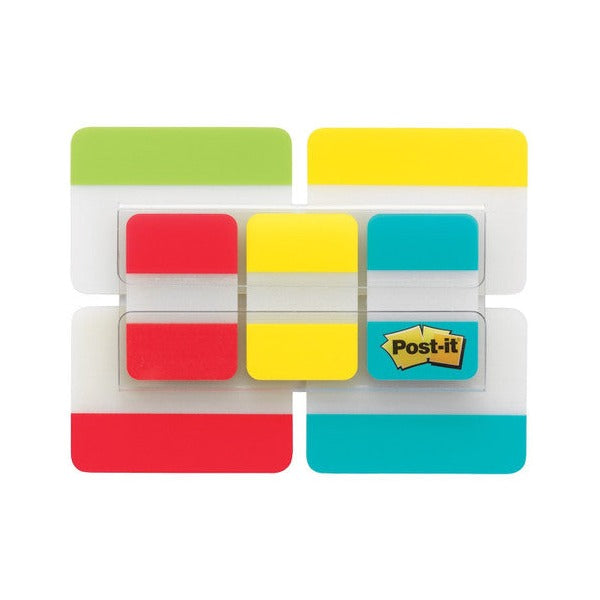 Tab dispenser out of the pack: wide lime, yellow, red and aqua tabs framing narrow red, yellow and aqua tabs