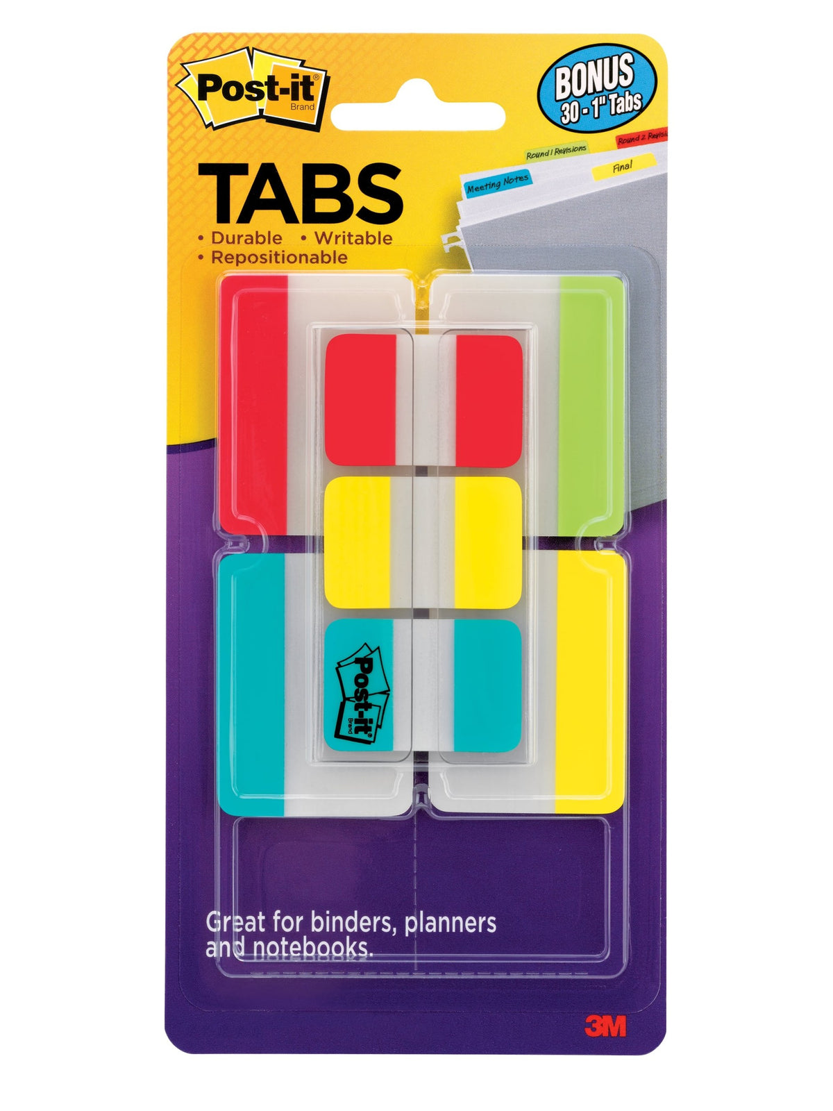3M photo of the 686-VAD2 value pack in its brighter colourway, teal aqua, lime, yellow and red tabs behind the clear blister