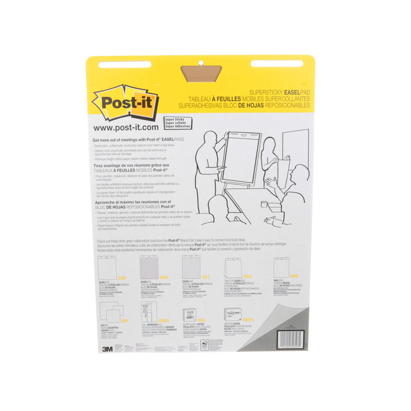 Back of a Post-it easel pad backcard printed with usage instructions, pad range diagrams and a barcode