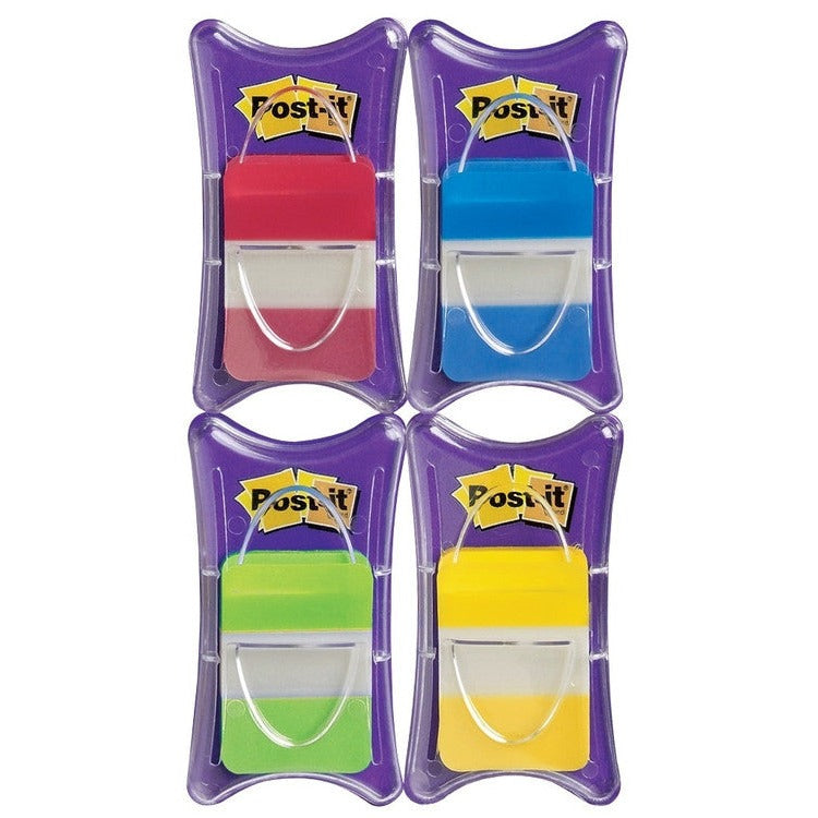 Four separate purple Post-it Easy Dispensers with red, blue, green and yellow tabs, photographed out of the card