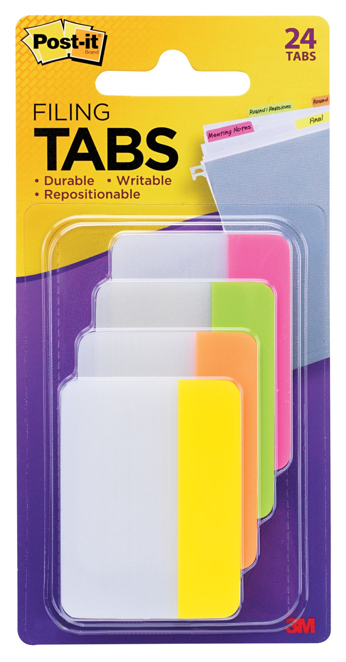Post-it 686-PLOY Filing Tabs card with 24 tabs in pink, lime, orange and yellow, each with a white label area, behind a clear blister
