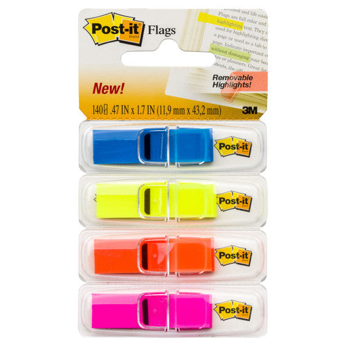 Post-it Translucent Flags 683-4ABX assorted colours blue yellow orange pink 12 x 45mm mini flags 140 total across 4 dispensers for page marking