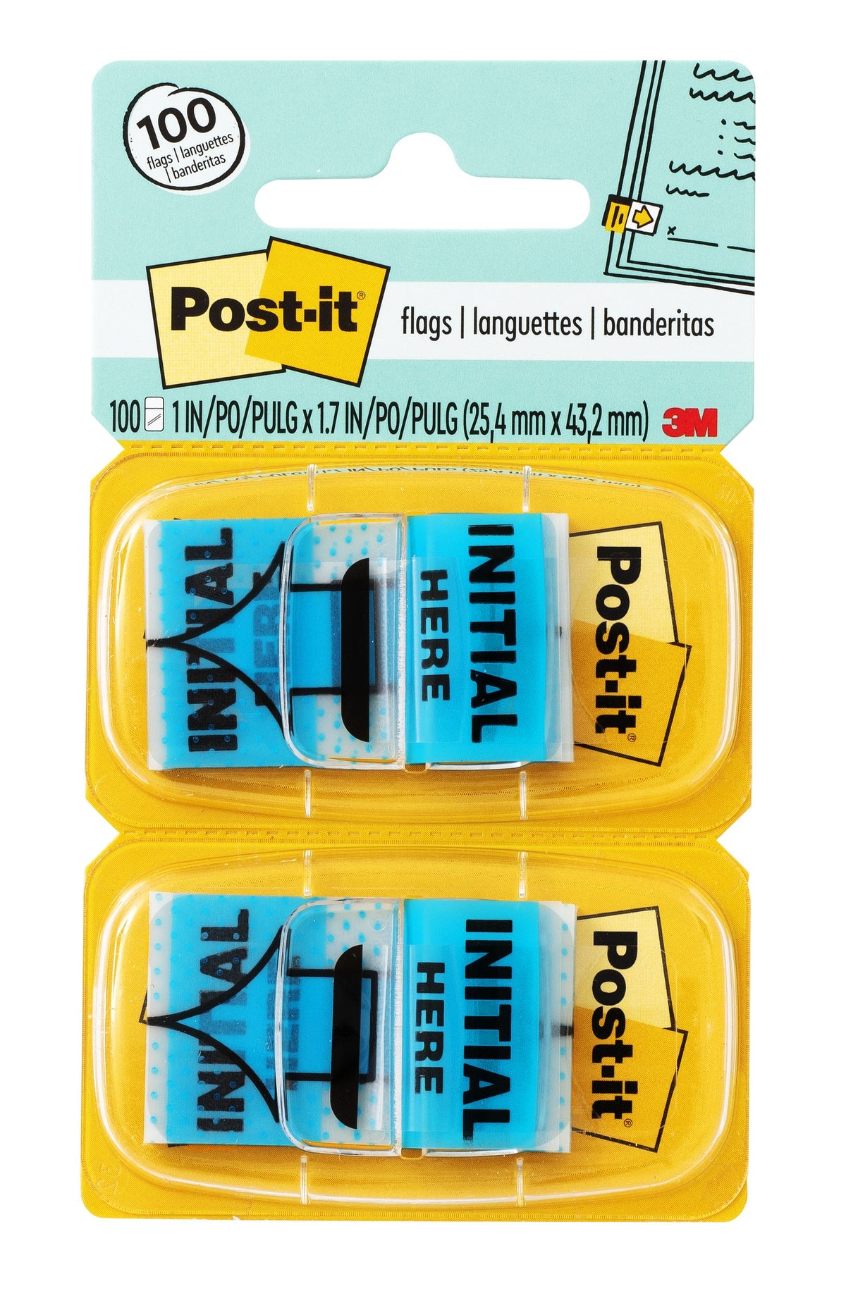 Current Post-it 680-IH2 card with two dispensers of blue Initial Here flags, printed 100 flags, 25.4 x 43.2mm