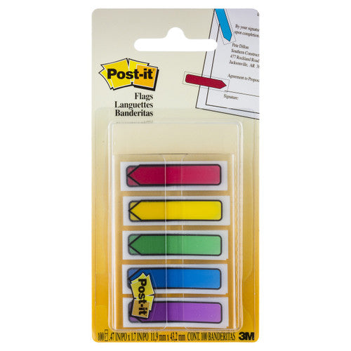 Post-it Mini Arrow Flags 684-ARR1 5 primary colours red blue yellow green purple 12 x 45mm 100 flags across 5 dispensers for colour-coded precision page marking