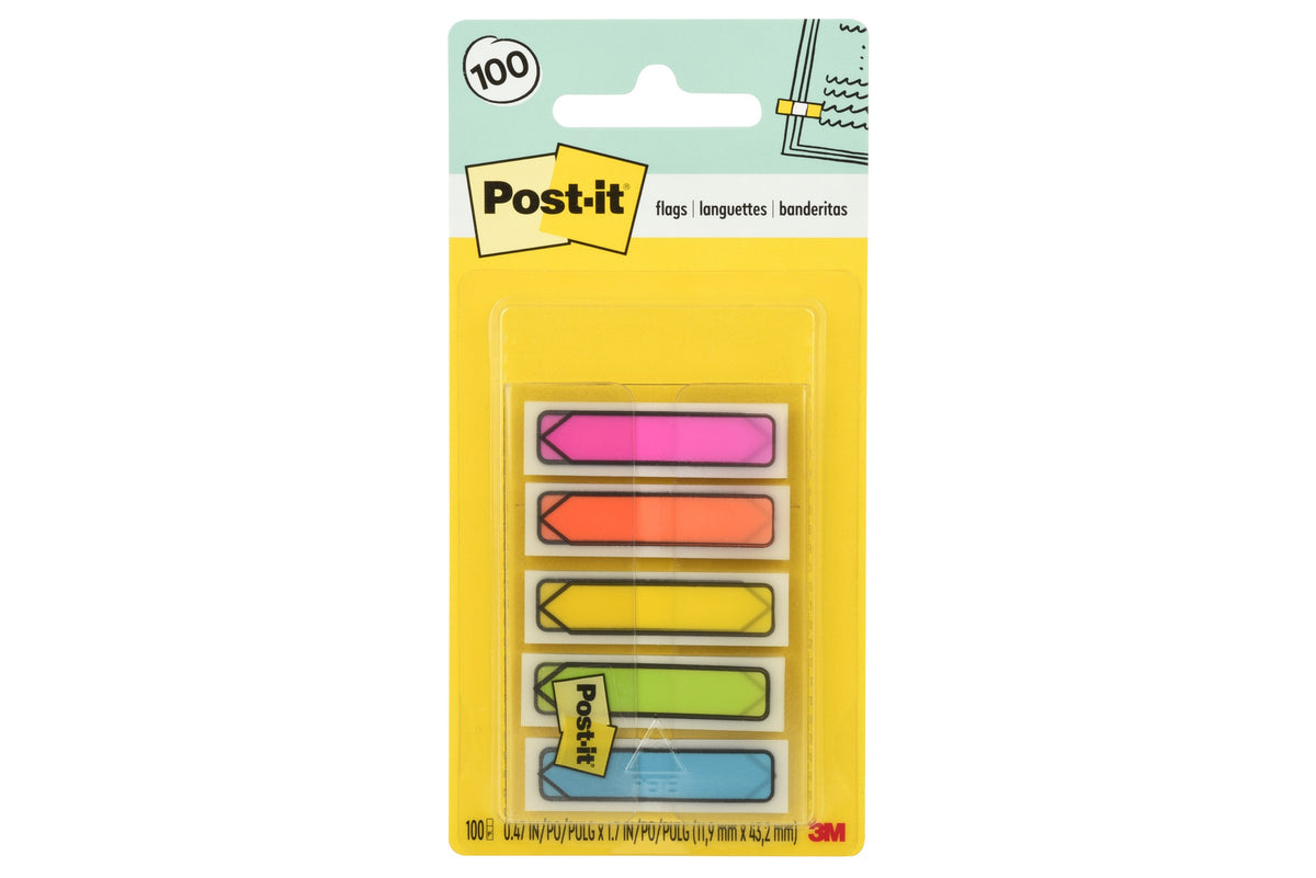 Current Post-it 684-ARR2 card with a 100 flag roundel and pink, orange, yellow, green and blue arrow flags, printed 11.9 x 43.2mm