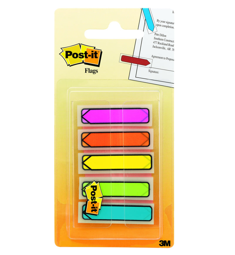 Post-it Flags card for 684-ARR2 with magenta, orange, yellow, green and aqua arrow flags in a slim clear dispenser