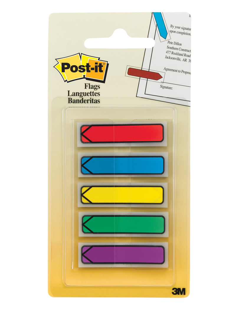 Post-it 684-ARR1 arrow flag card in primary colours, red, blue, yellow, green and purple arrows stacked in the dispenser