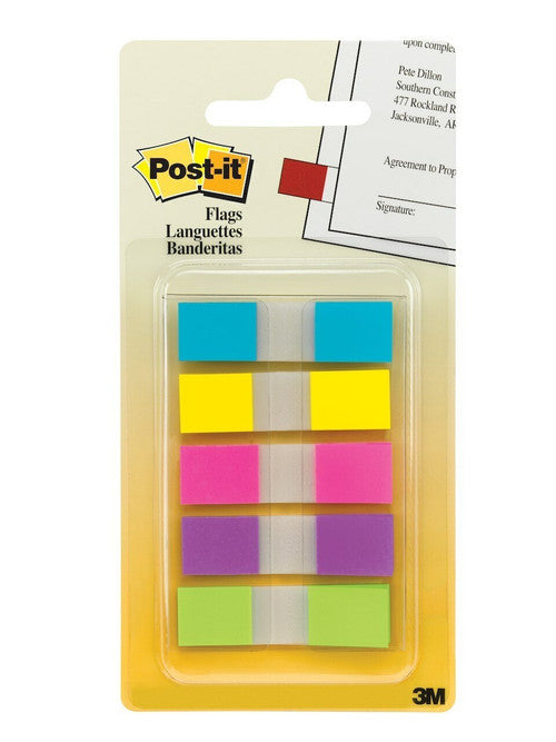 Post-it Mini Flags 683-5CB 5 colours blue pink bright green yellow purple 12 x 45mm 100 flags in 5 on-the-go dispensers 20 per colour for complete colour coding