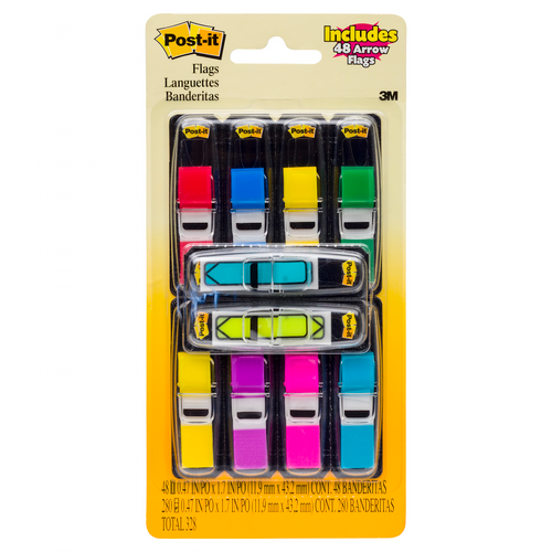 Post-it Mini Flags 683-VAD1 assorted sizes 12 x 43mm value pack with 280 flags in 7 colours and 48 bonus arrow flags across multiple compact dispensers for colour coding