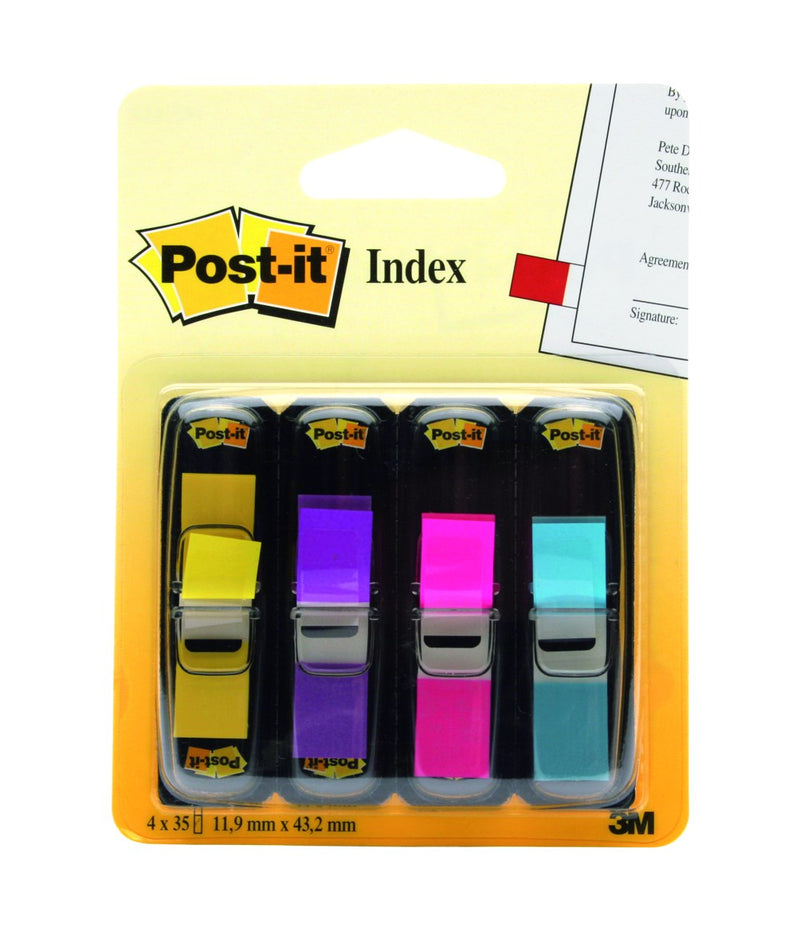Earlier Post-it Index card holding four dispensers in yellow, purple, pink and aqua, printed 4 x 35, 11.9 mm x 43.2 mm