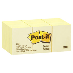 Post-it Notes 653 canary yellow 35 x 48mm compact sticky notes pack of 12 pads 100 sheets each repositionable adhesive for brief labels and quick reminders