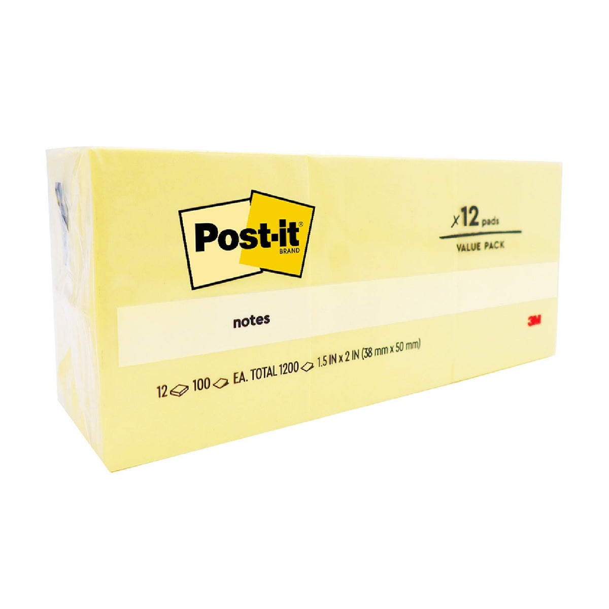3M product photo of the Post-it 653 canary yellow value pack of 12 pads, wrapper printed 12 x 100 each, total 1200, 1.5 in x 2 in (38 mm x 50 mm)