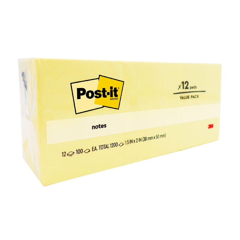 3M product photo of the Post-it 653 canary yellow value pack of 12 pads, wrapper printed 12 x 100 each, total 1200, 1.5 in x 2 in (38 mm x 50 mm)