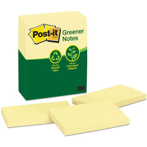 Post-it 655-RPA pack in a cream and green wrap with three loose oblong canary yellow pads, the 76 x 127 mm size, laid in front