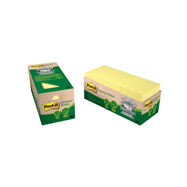 Post-it 654R-24CP-CY kraft and green cabinet box shown closed and open, rows of 24 canary yellow 76 x 76 mm pads inside, box marked 24 Pad Cabinet Pack