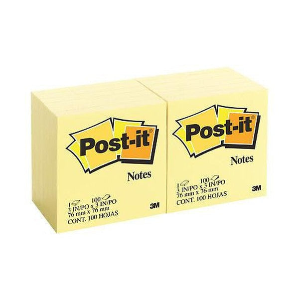 Two canary yellow Post-it 654 pads side by side, each printed Notes, 1 x 100, 3 in x 3 in, 76 mm x 76 mm