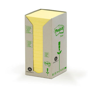 Post-it 654-1T grey card tower with a cut-away front showing a stack of 16 canary yellow 76 x 76 mm pads, green Post-it Notes print on the side
