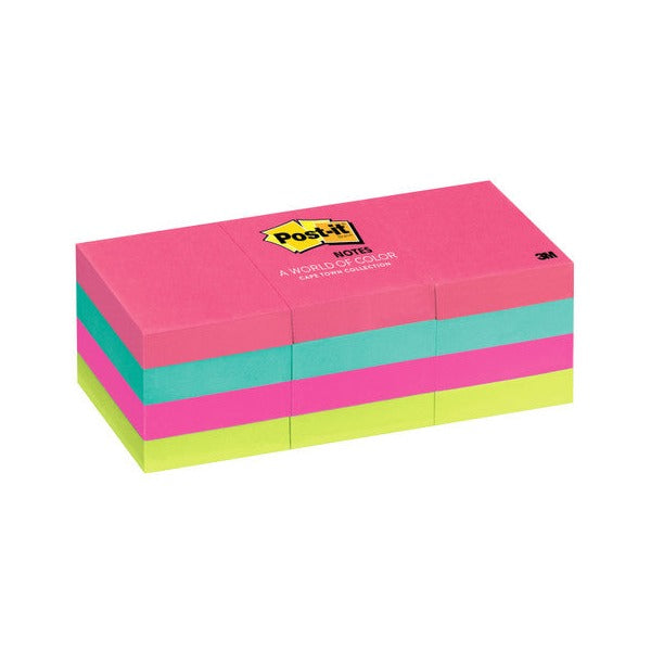 Block of 12 Post-it 653-AN mini pads stacked in pink, aqua, pink and lime layers, top printed Post-it Notes, A World of Color, Cape Town Collection