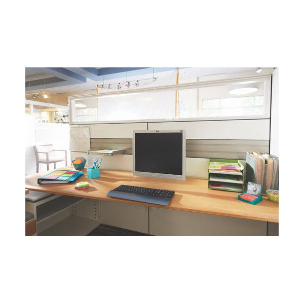 3M lifestyle photo of an office cubicle workstation with a monitor, keyboard and colourful notes and organisers