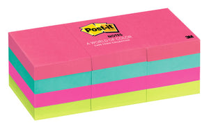 Post-it Notes Cape Town 653-AN 36 x 48mm sticky notes in canary yellow blue orange and pink pack of 12 pads on desk surface