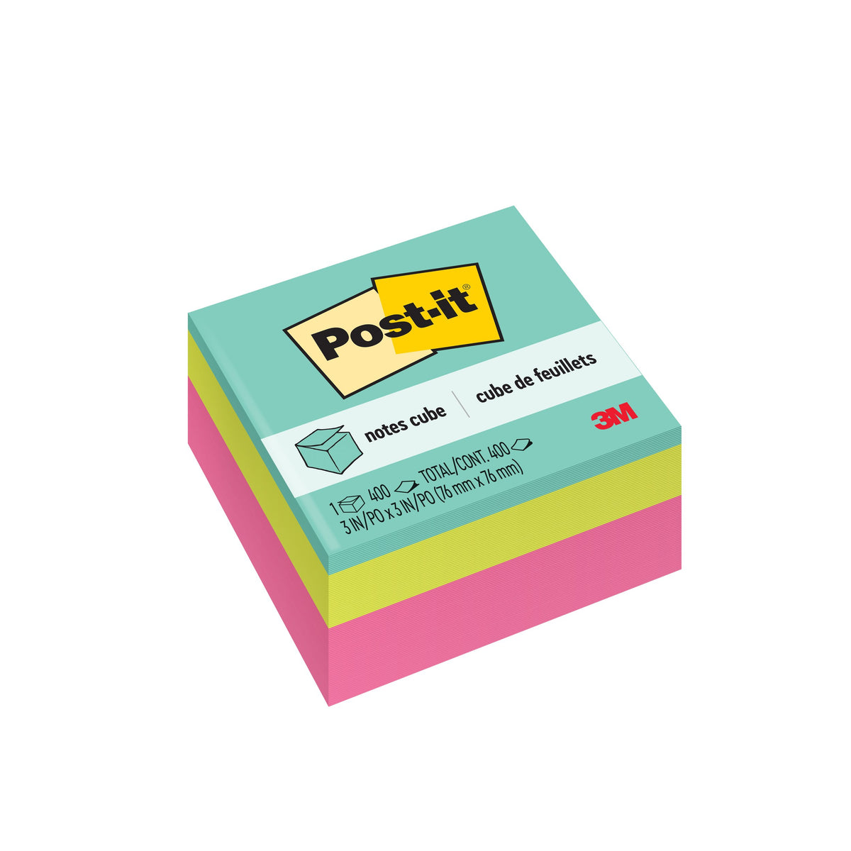 3M photo of the Post-it 2027-RCR notes cube with aqua, lime and pink layers and a label printed 400 sheets, 3 x 3 in, 76 x 76mm