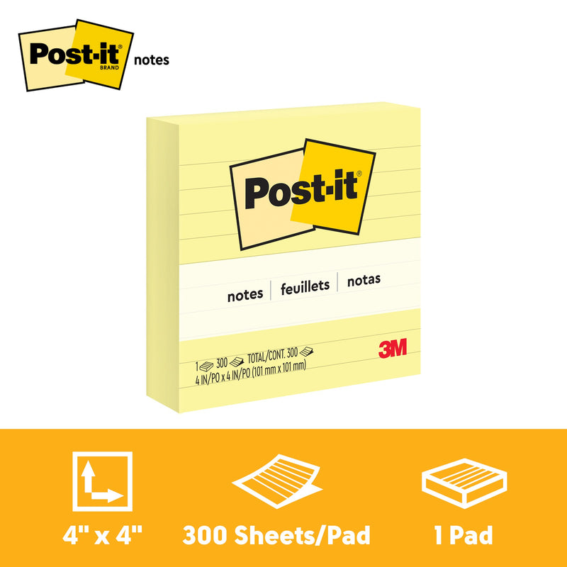 Current Post-it 675-YL pack, one lined canary pad printed 300 sheets 101 x 101mm, with a banner reading 4 x 4 inches, 300 sheets per pad, 1 pad