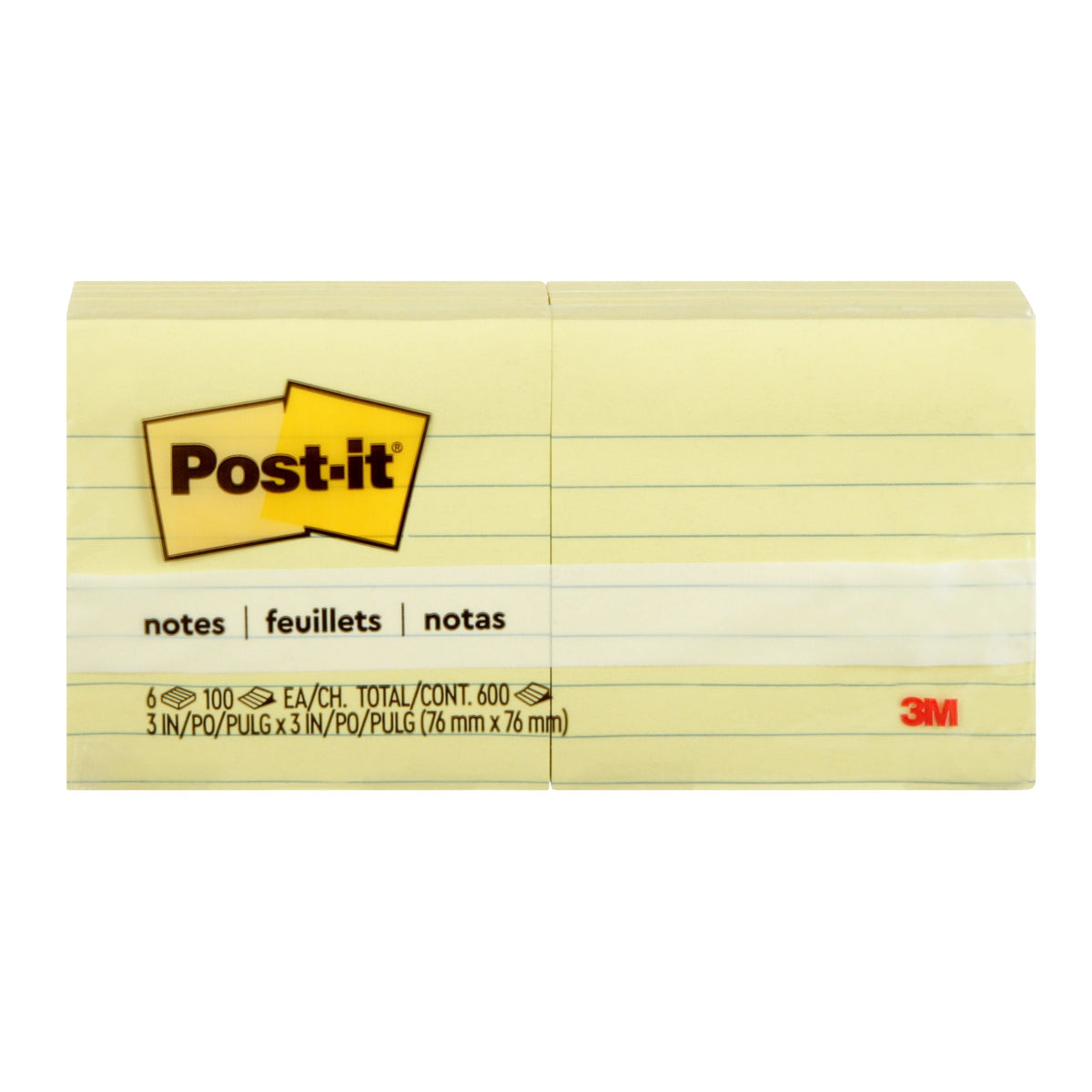 Front view of the Post-it 630-6PK six pad block with ruled canary sheets, label reads 6 x 100 sheets, total 600, 3 x 3 in, 76 x 76mm