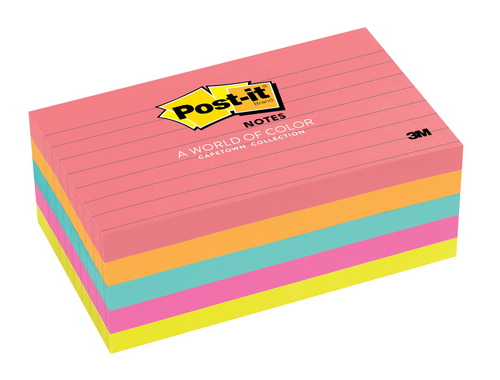 Post-it Notes Lined Cape Town 635-5AN 76 x 127mm lined sticky notes pack of 5 pads in canary yellow blue orange and pink Cape Town collection