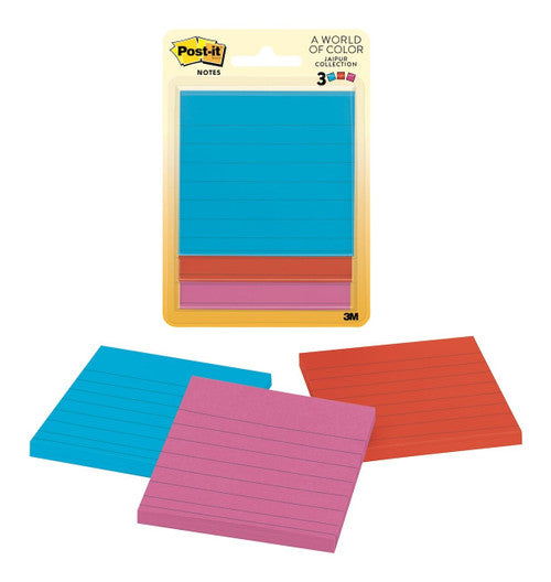 Post-it Notes Lined Jaipur 6301 76 x 76mm pack of 3 pads 50 sheets each in vibrant Jaipur collection colours with lined format for structured reminders
