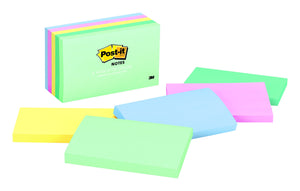 3M photo of the Post-it 655-AST Marseille pack, pale green top printed A World of Color, Marseille Collection, with loose yellow, green, blue, pink and mint pads in front