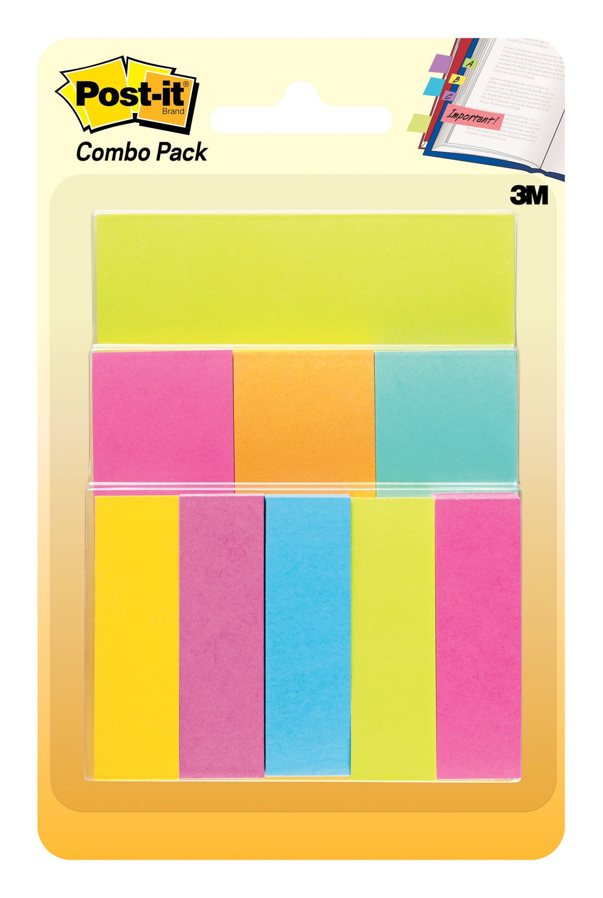 Post-it Combo Pack card 670-COMBO with a lime note pad, three pink, orange and aqua marker pads and five narrow marker pads